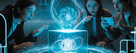 Drei Personen betrachten fasziniert holografische Finanzvisualisierung – Pandora Digital Plattform